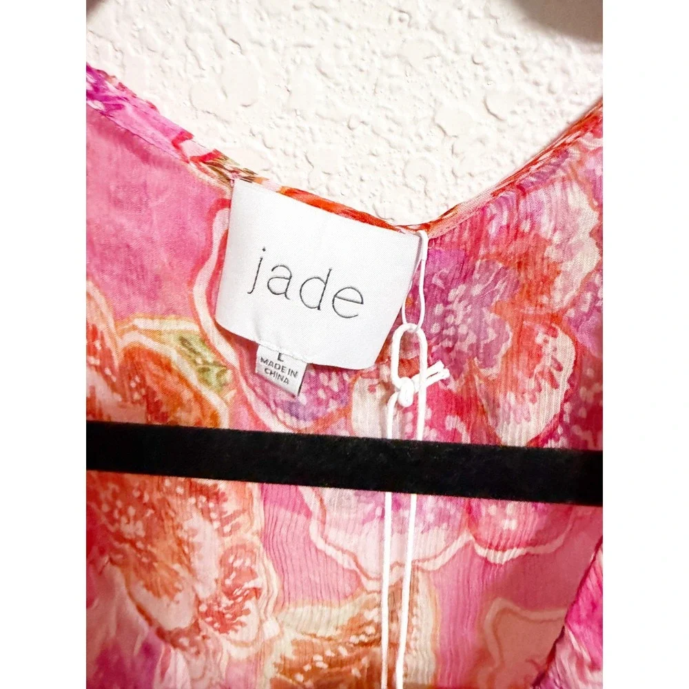 Jade Johnny Was Marcia Ruffle Blouse Silk V Neck Puff Sleeve Floral Pink‎ Large